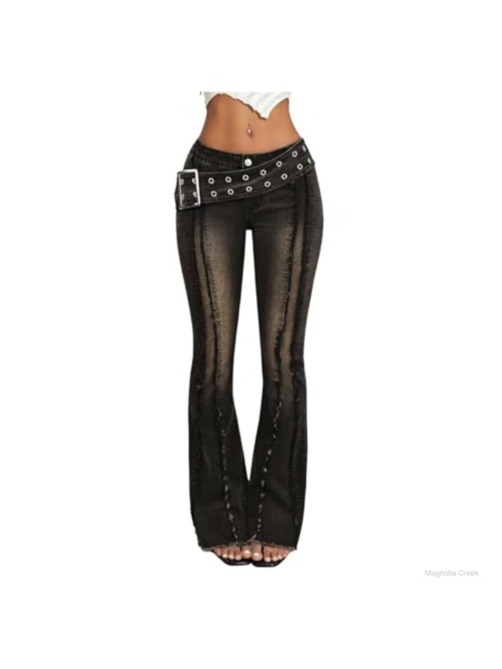 WDIRARA Y2K Grunge Raw Trim Flare Jeans Low Rise Bootcut Pants